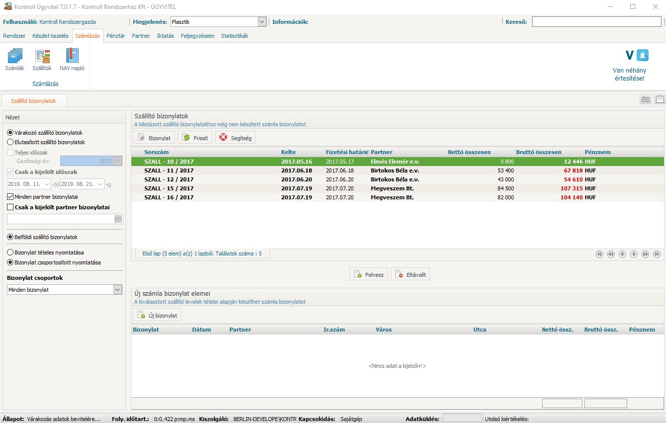 Kontroll Számlázó program - szállítólevelek